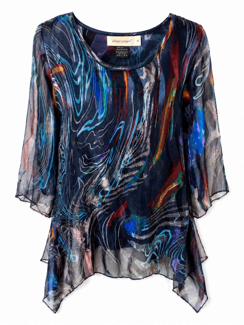 Urban Mangoz 100% Silk Abstract Wave Print Tunic Top Medium Sheer Layered Artsy